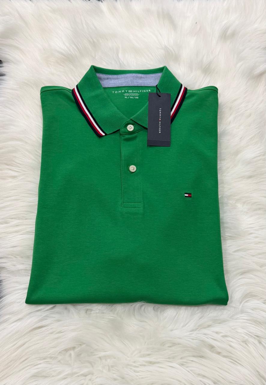 Polo Tommy Hilfiger verde con cuello tricolor para caballero talla XL